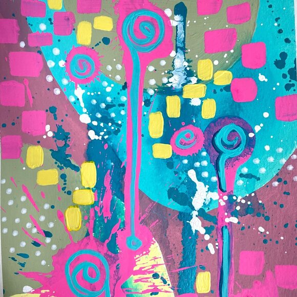 Summer Pop 4 Original Art Acrylic Painting Turquoise Pink Red Frame Ready 8x10in - Picture 2 of 6